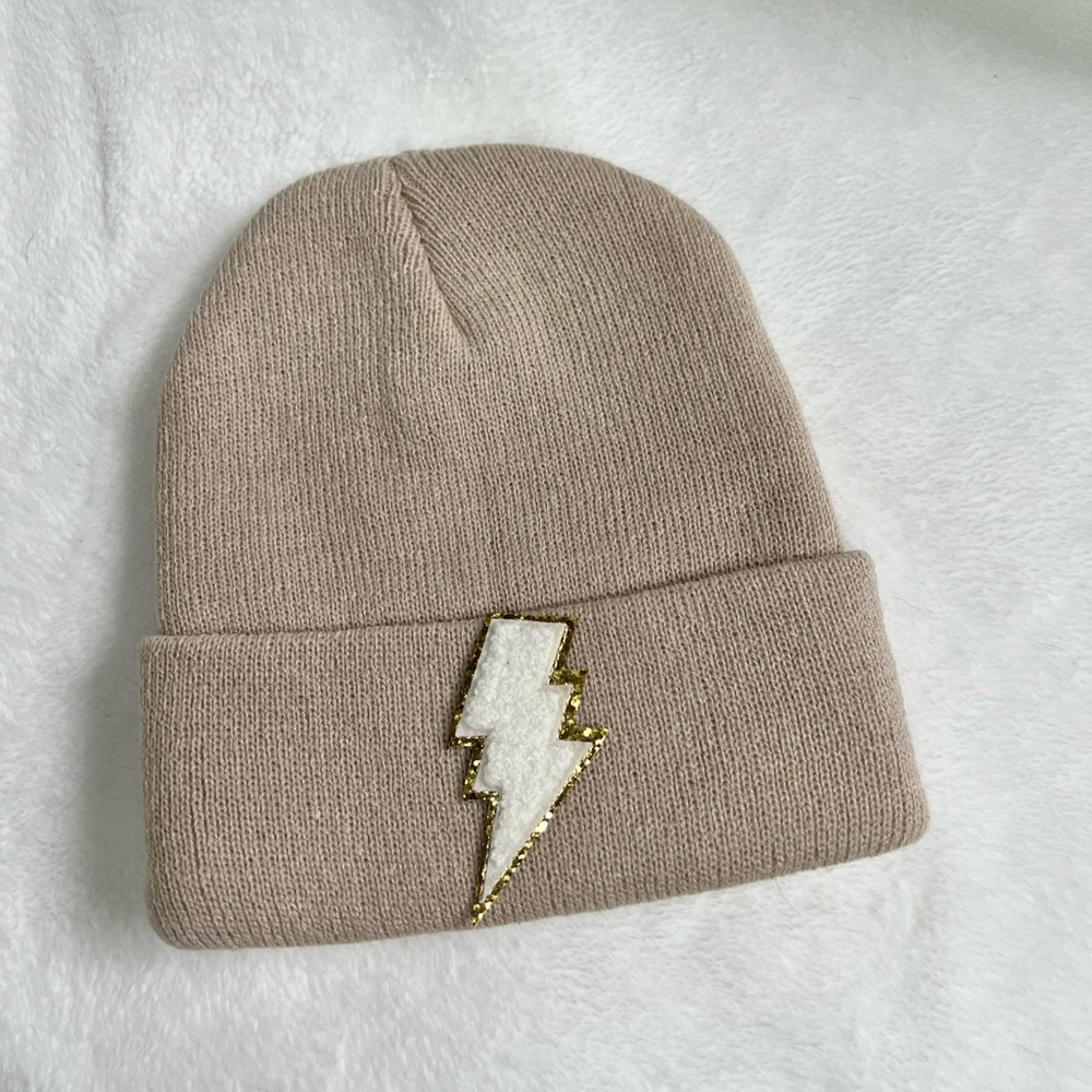 Tan Beanie Hat with White Lightning